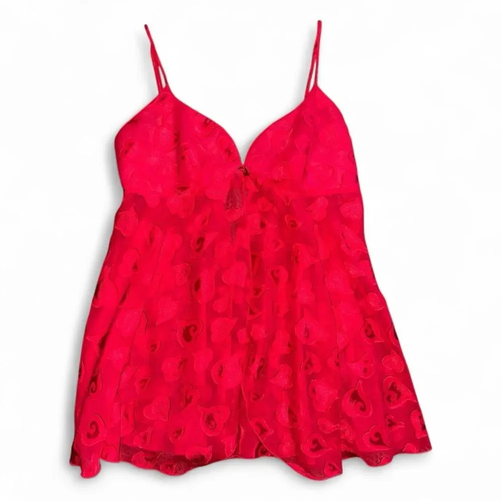 Victoria’s Secret Red Sheer Heart Lace Babydoll Chemise M Y2K
